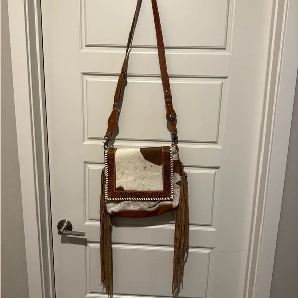 Brown and White Cowhide Fringe Crossbody Myra Bag - Picture 4 of 8
